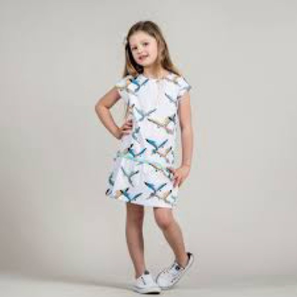 Tea Collection White Dress with Multicolored Bird Print